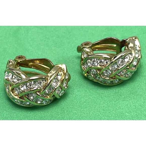 VTG 1980s Goldtone Rhinestone 3/4" Huggie Hoop Clip-On Costume EARRINGS EUC - Picture 1 of 3